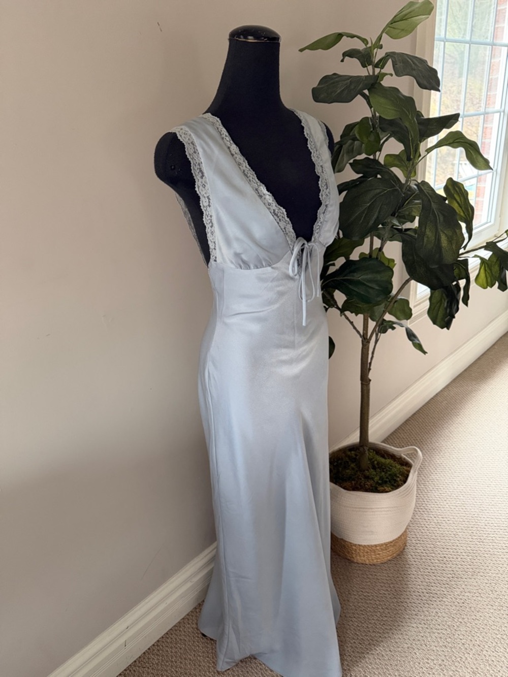 NIA LIGHT BLUE SATIN LACE TRIM SLIP DRESS